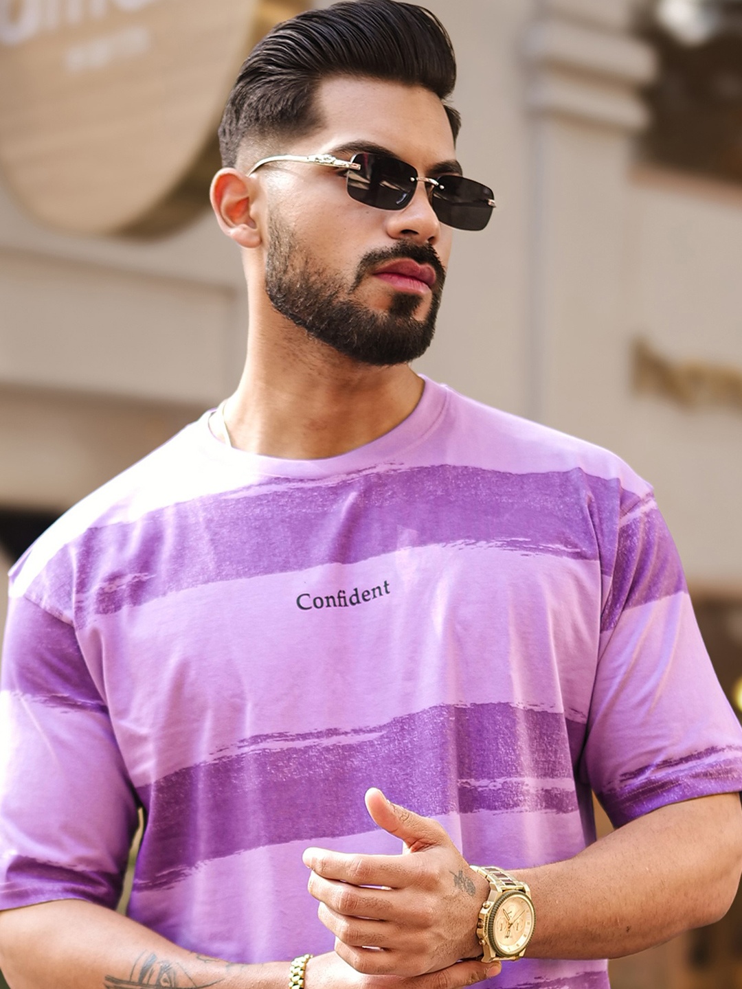 

Maniac Men Striped Round Neck Cotton Oversized T-shirt, Purple