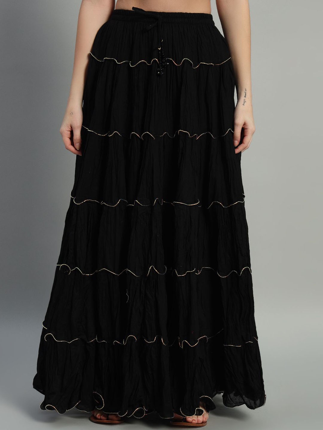 

ZRI Women Pure Cotton Tiered Flared Maxi Skirt, Black