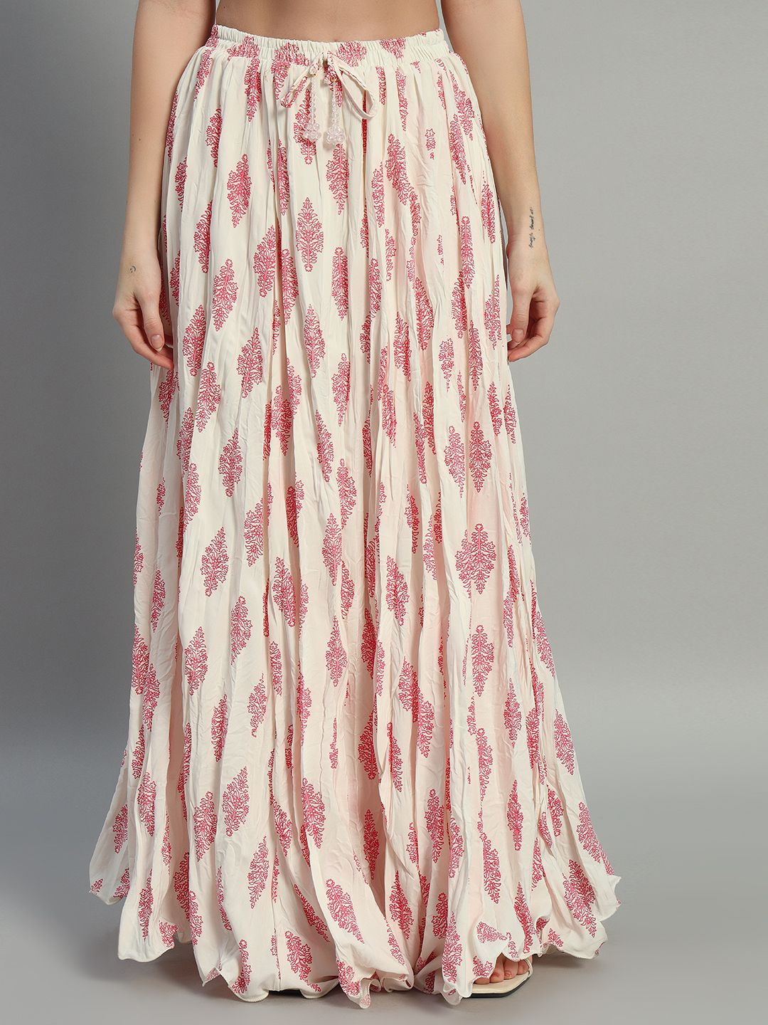 

ZRI Women Floral Printed Pure Cotton Flared Maxi Skirt, Cream