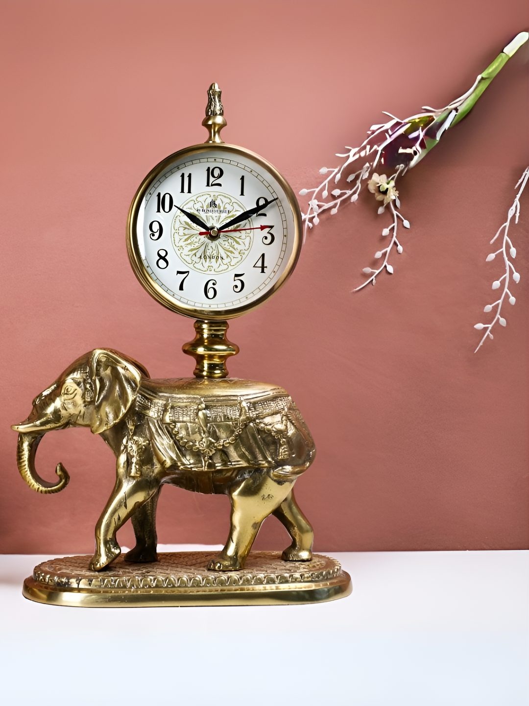 

THE HOME CO. Gold-Toned & White Elephant Shaped Traditional Table Clock