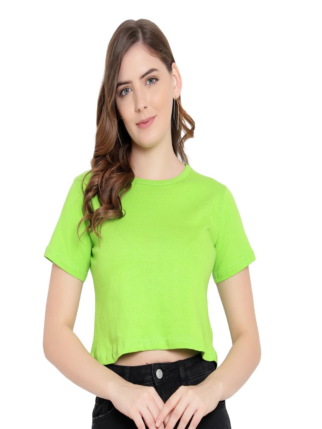 

DEEPMAYRA COLLECTION Women Solid Round Neck Cotton T-shirt, Lime green