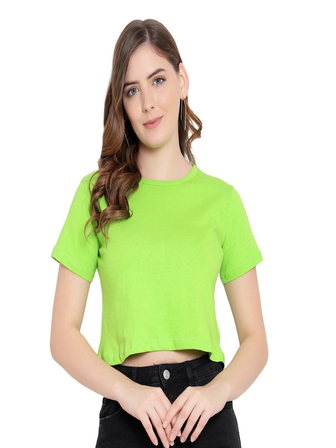 

DEEPMAYRA COLLECTION Women Solid Round Neck Cotton T-shirt, Lime green