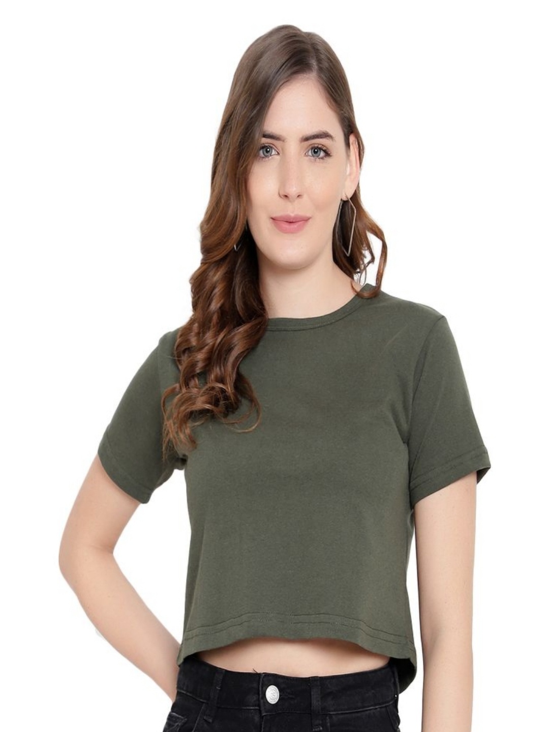 

DEEPMAYRA COLLECTION Women Solid Round Neck Cotton T-shirt, Olive