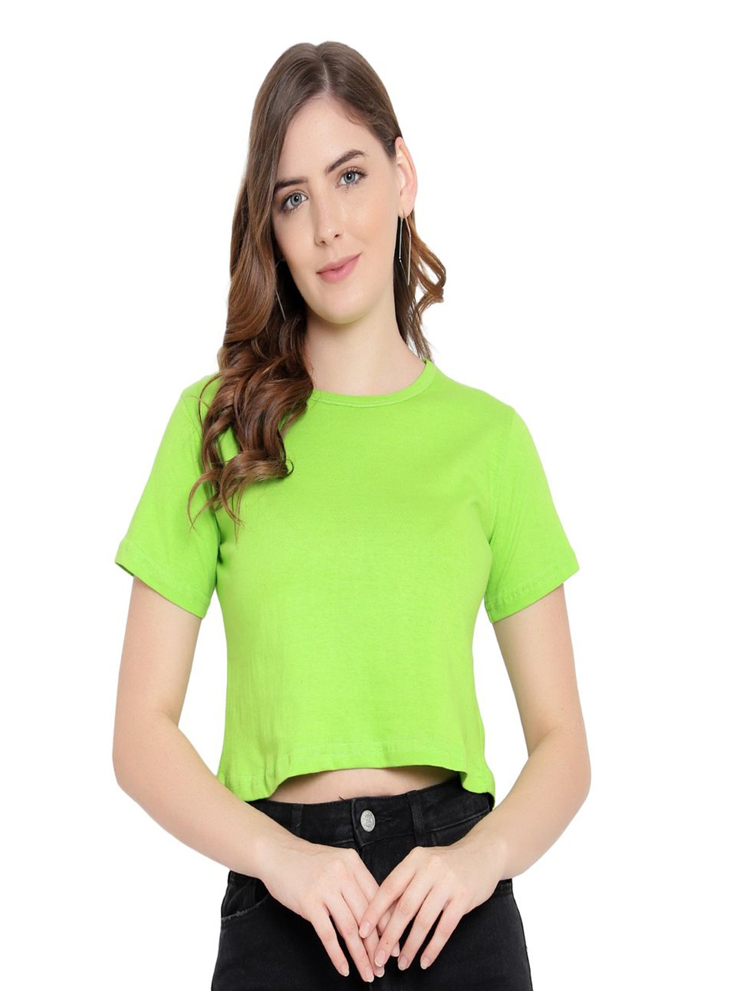 

DEEPMAYRA COLLECTION Women Solid Round Neck Cotton T-shirt, Lime green