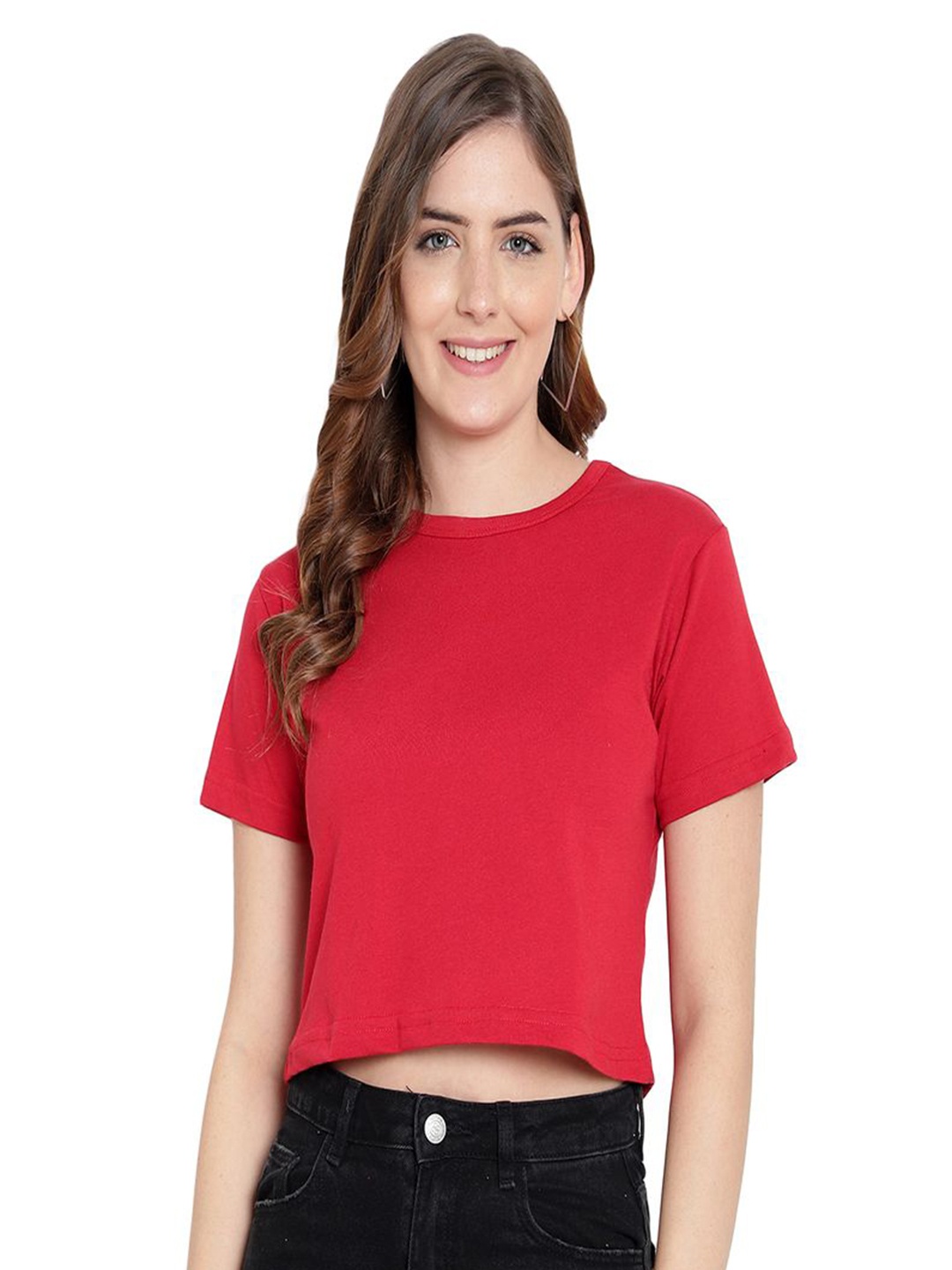 

DEEPMAYRA COLLECTION Women Solid Round Neck Cotton T-shirt, Red