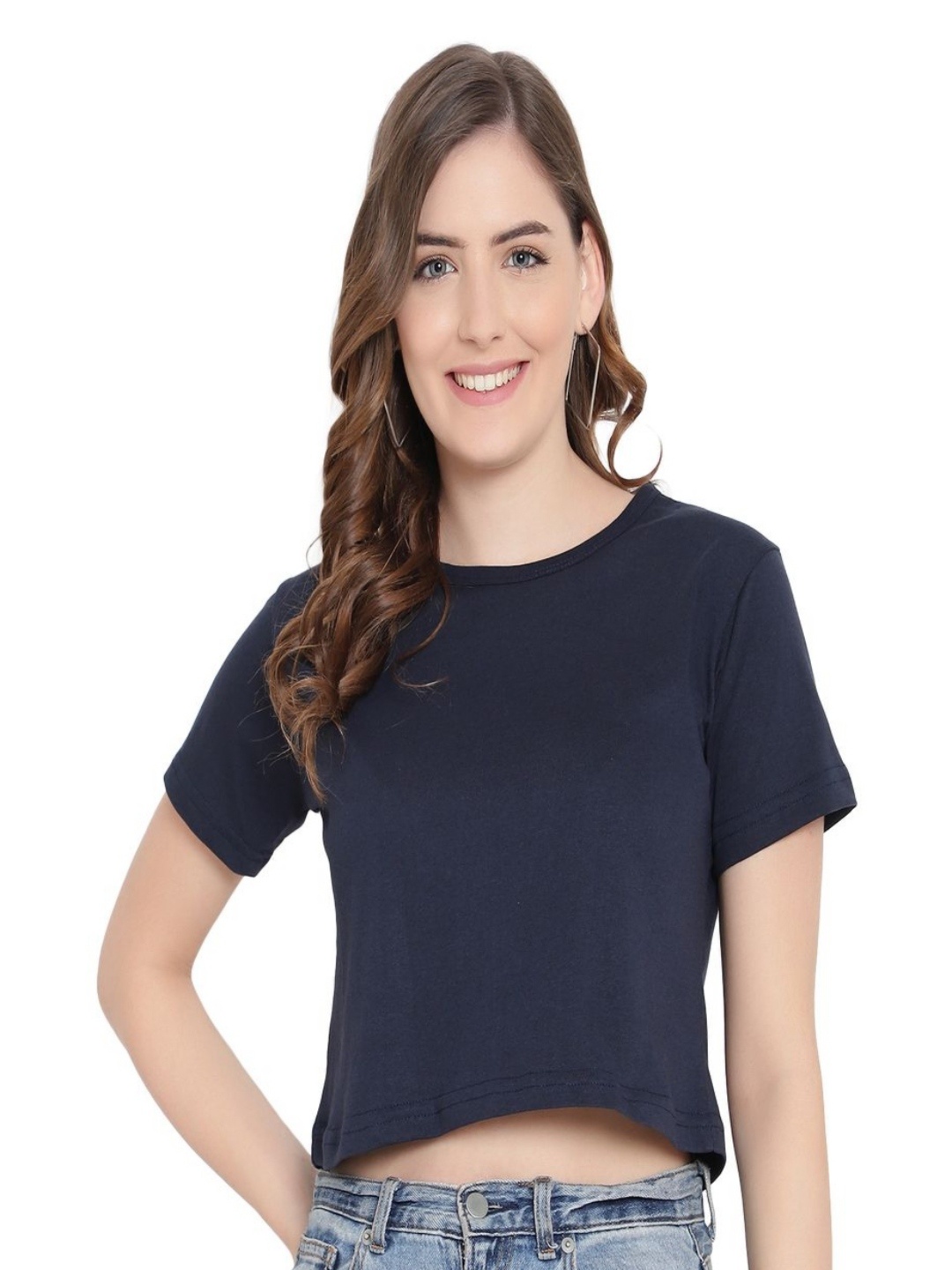 

DEEPMAYRA COLLECTION Women Solid Round Neck Cotton T-shirt, Navy blue