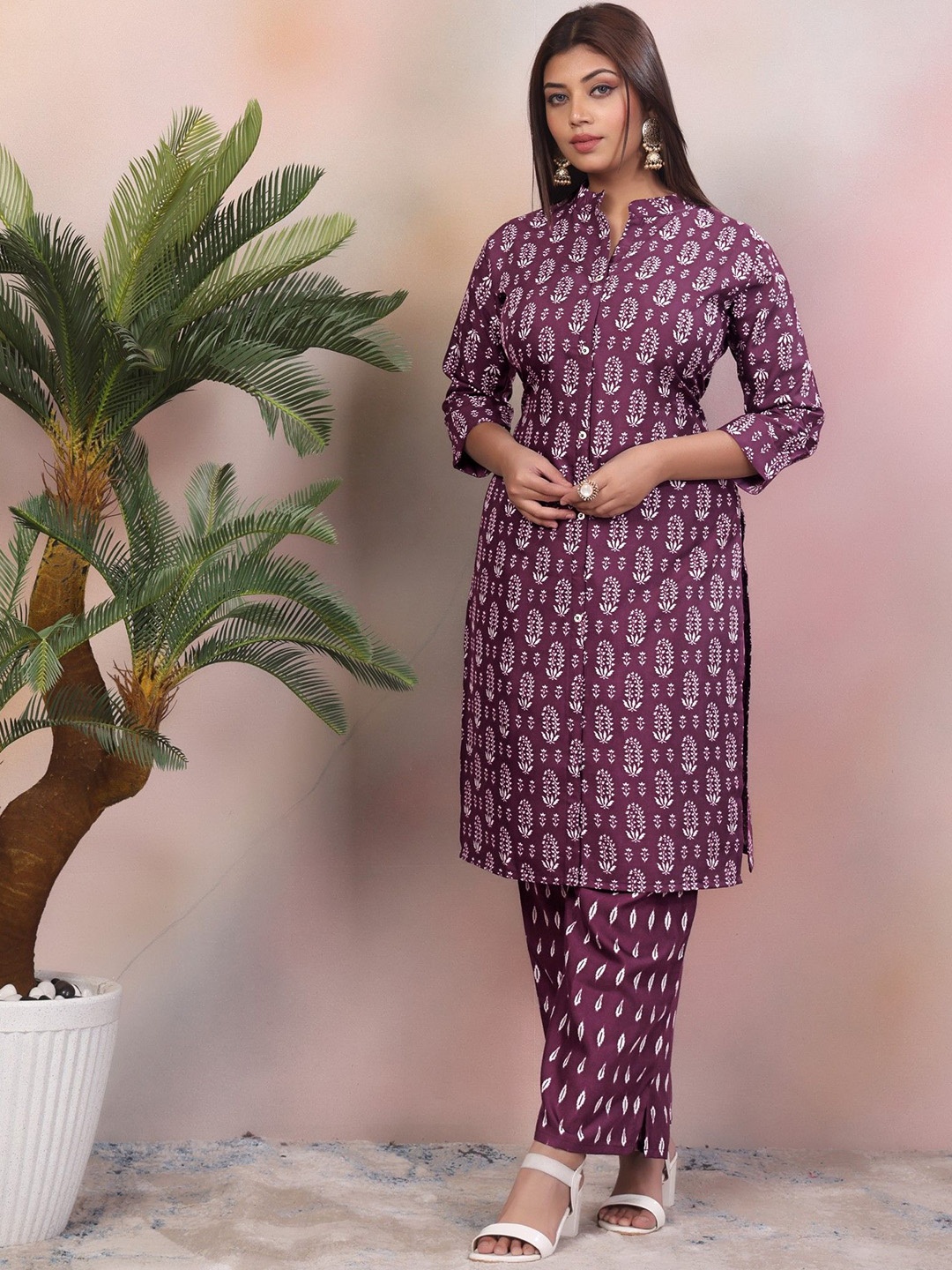 

LeeliPeeri Designer Printed Mandarin Collar Tunic With Palazzo, Purple