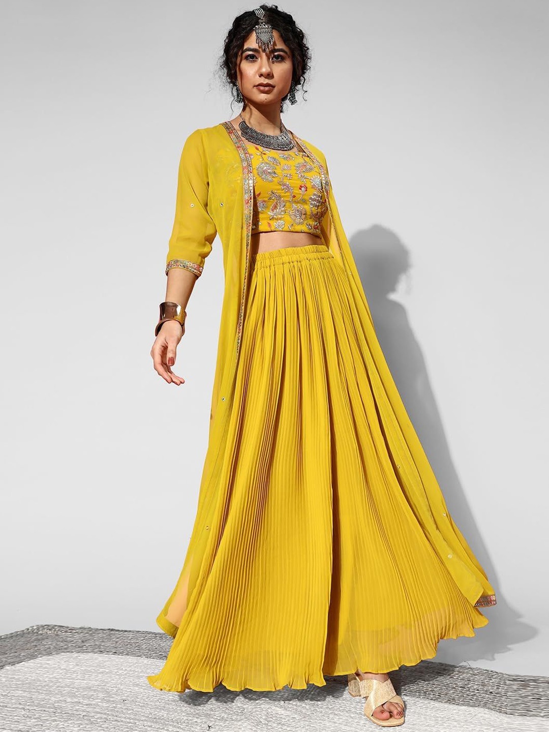 

choiceit Embellished Shoulder Straps Crop Top With Skirt & Shrug, Yellow