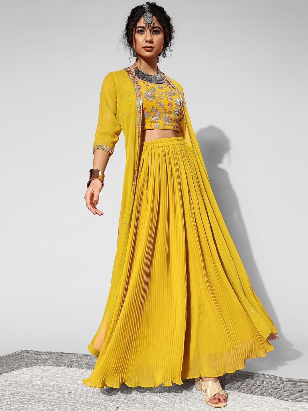 

choiceit Embellished Shoulder Straps Crop Top With Skirt & Shrug, Yellow
