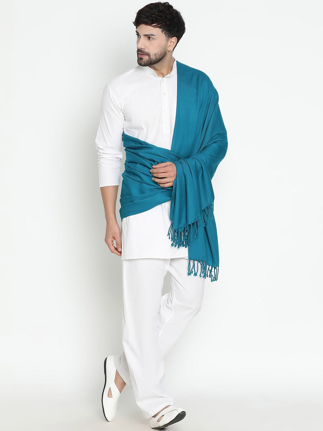 

SHINGORA Men Pure Woollen Dobby Shawl, Turquoise blue