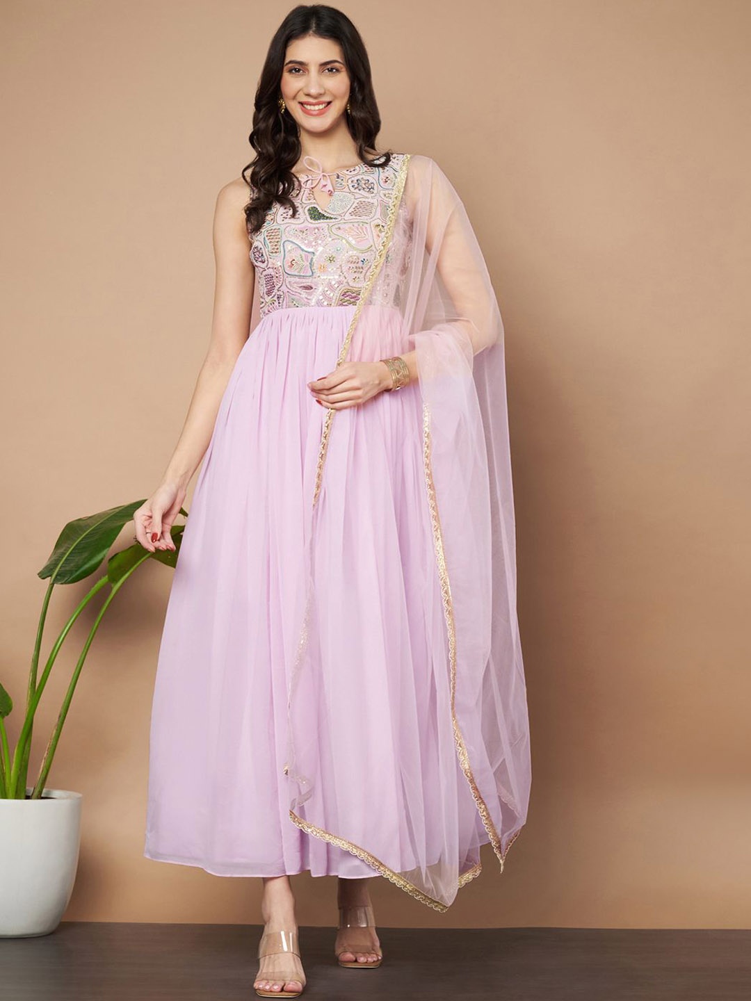 

flaher Women Sequined Embroidered Gown With Dupatta, Pink