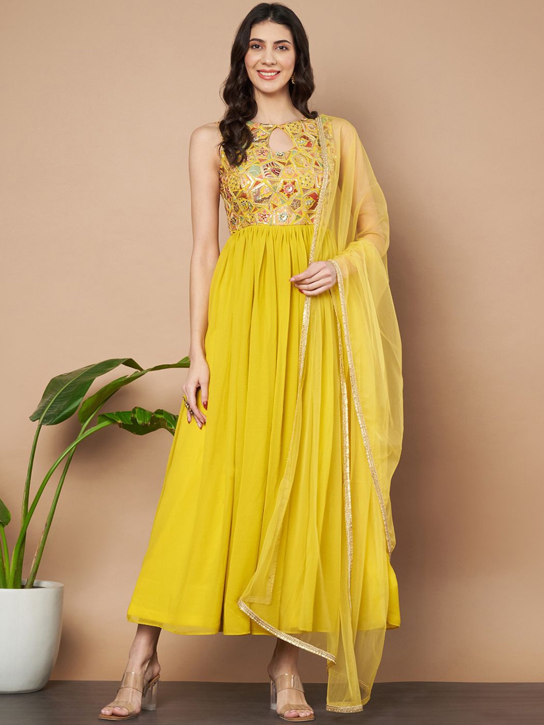 

flaher Sequined Embroidered Gown With Dupatta, Yellow