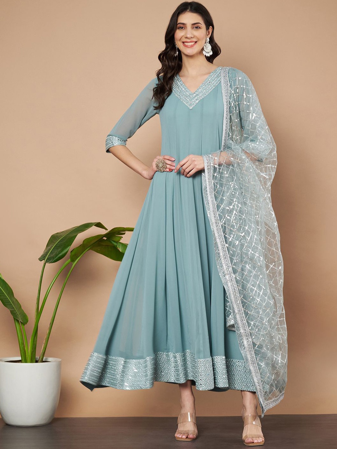 

flaher Women Sequined Embroidered Gown With Dupatta, Blue