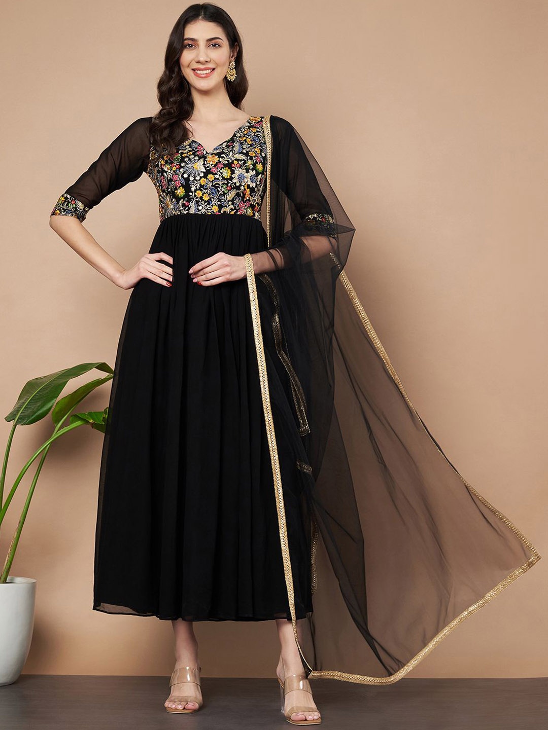 

flaher Sequined Embroidered Gown With Dupatta, Black