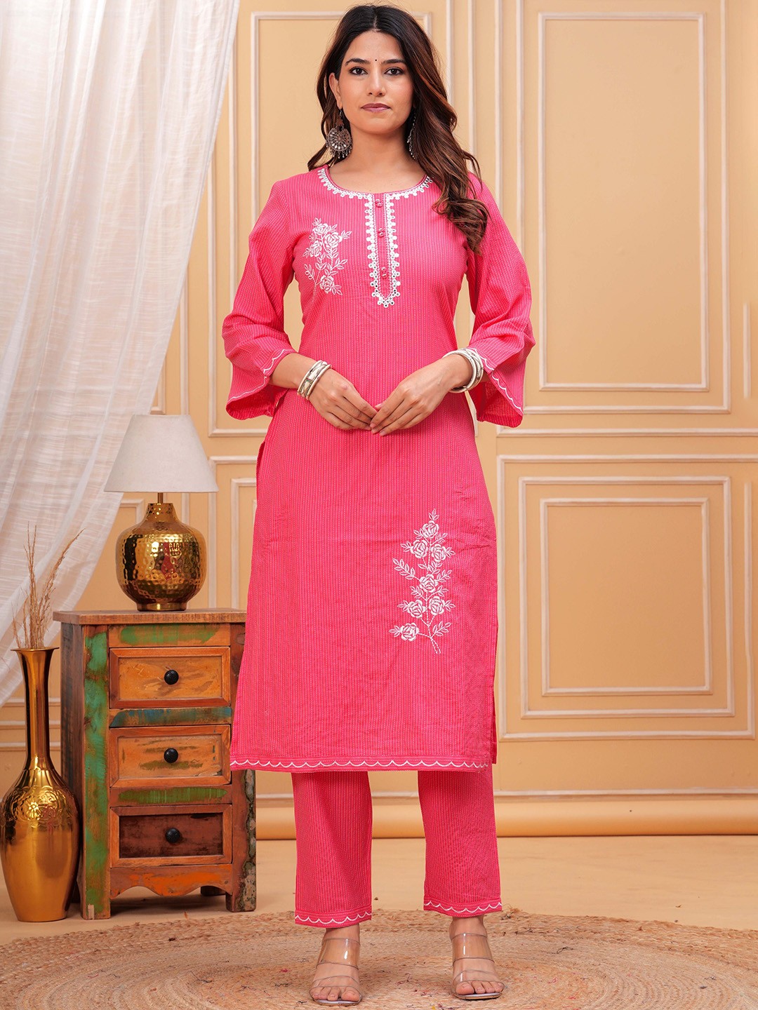 

Meeranshi Floral Printed Mirror Work Pure Cotton Straight Kurta With Trousers, Pink