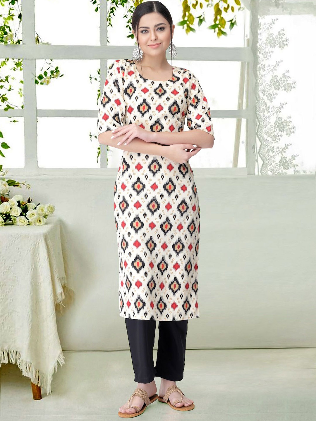 

7Threads Ethnic Motifs Printed Round Neck Kurta With Trousers, White