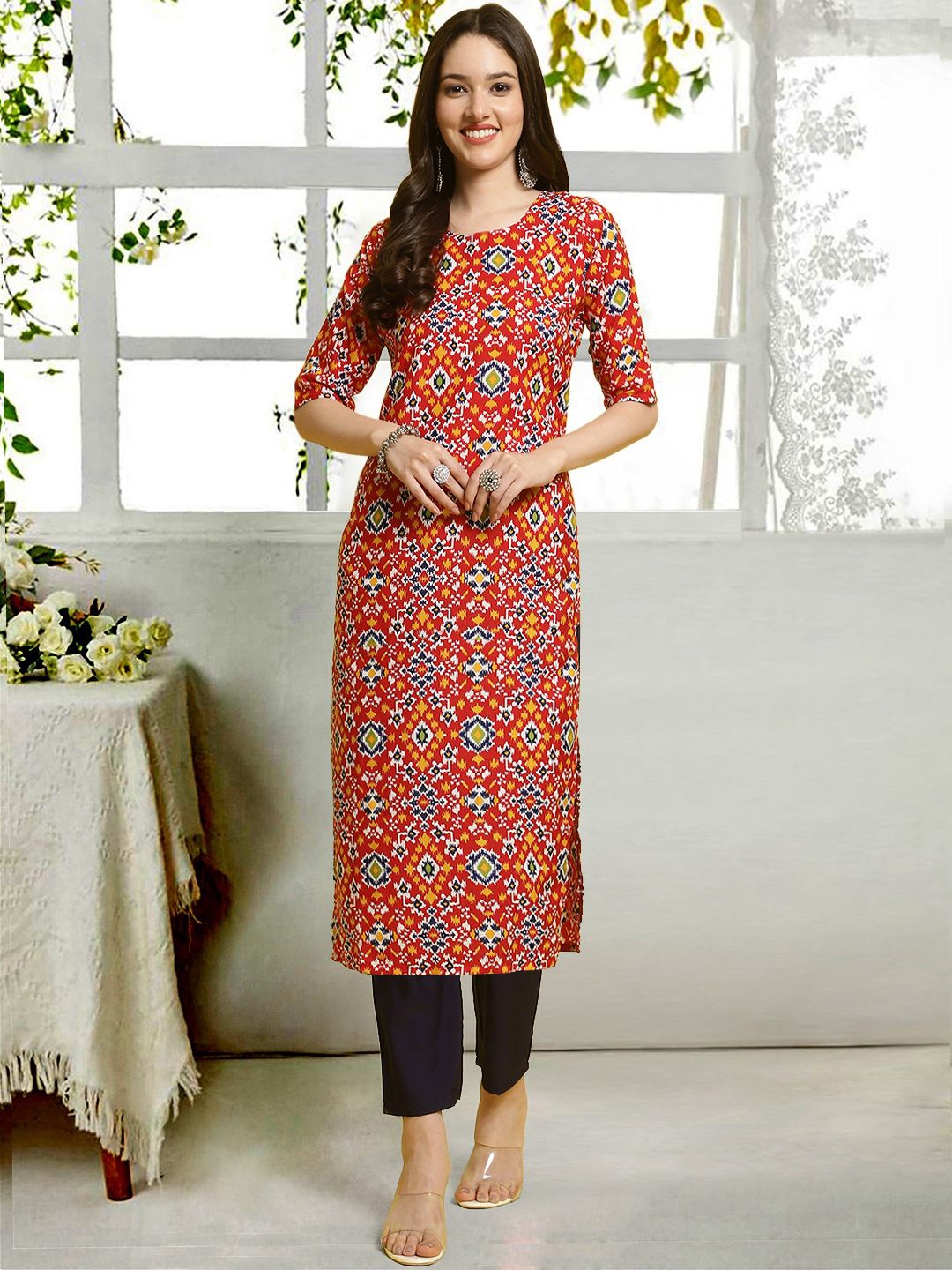 

7Threads Ethnic Motifs Printed Round Neck Straight Kurta With Trousers, Red