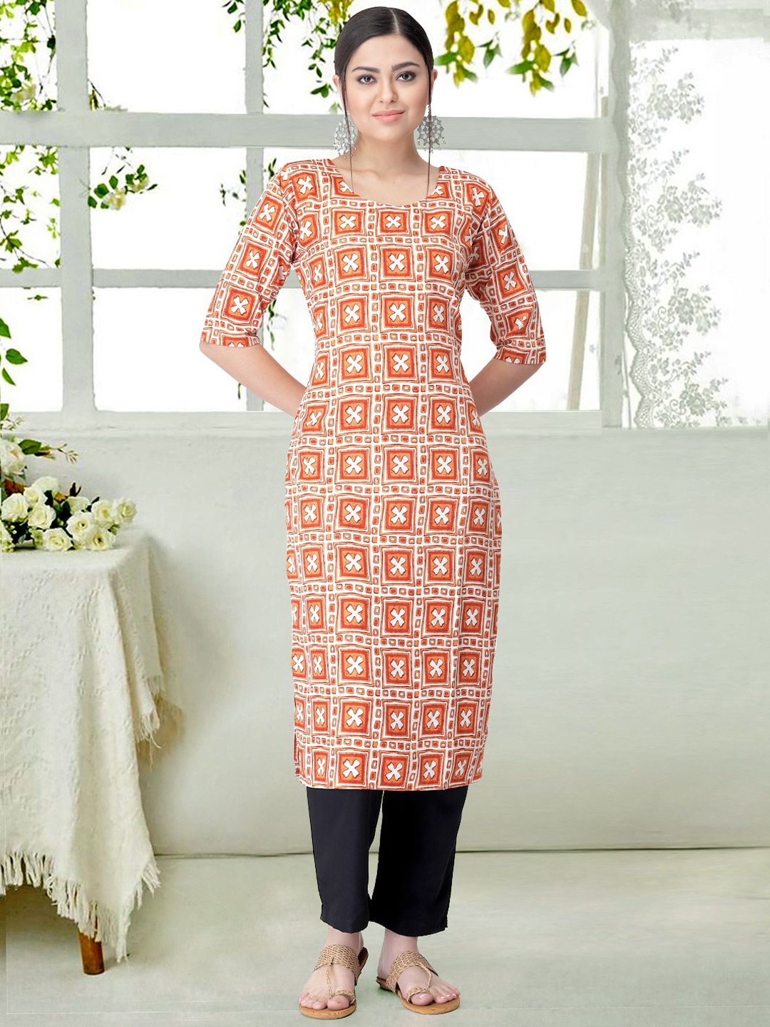 

7Threads Ethnic Motifs Printed Round Neck Straight Kurta With Trousers, Orange