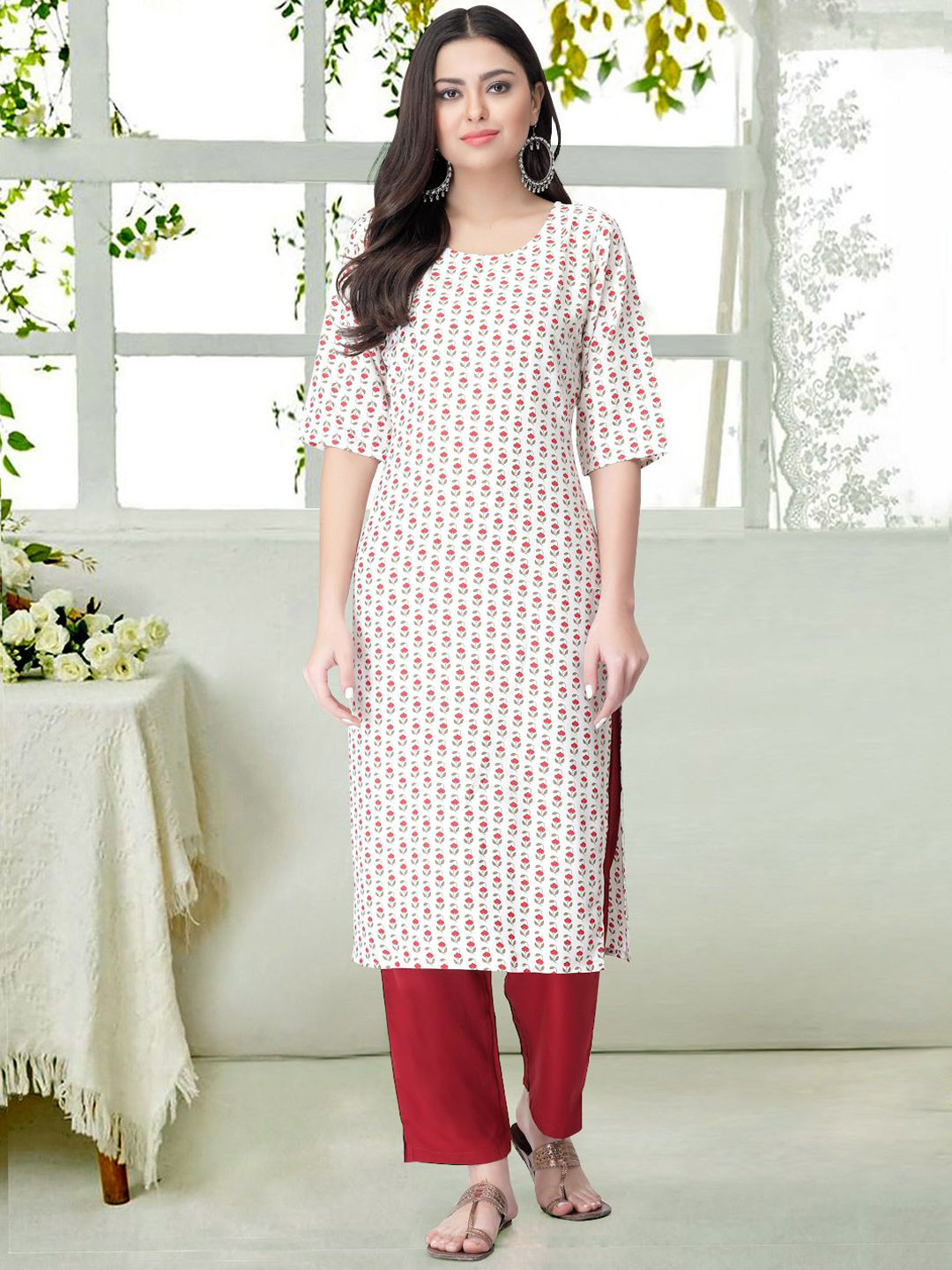 

7Threads Floral Printed Round Neck Straight Kurta With Trousers, White