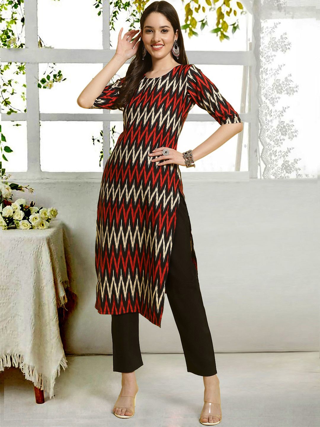 

7Threads Chevron Printed Round Neck Straight Kurta With Trousers, Black