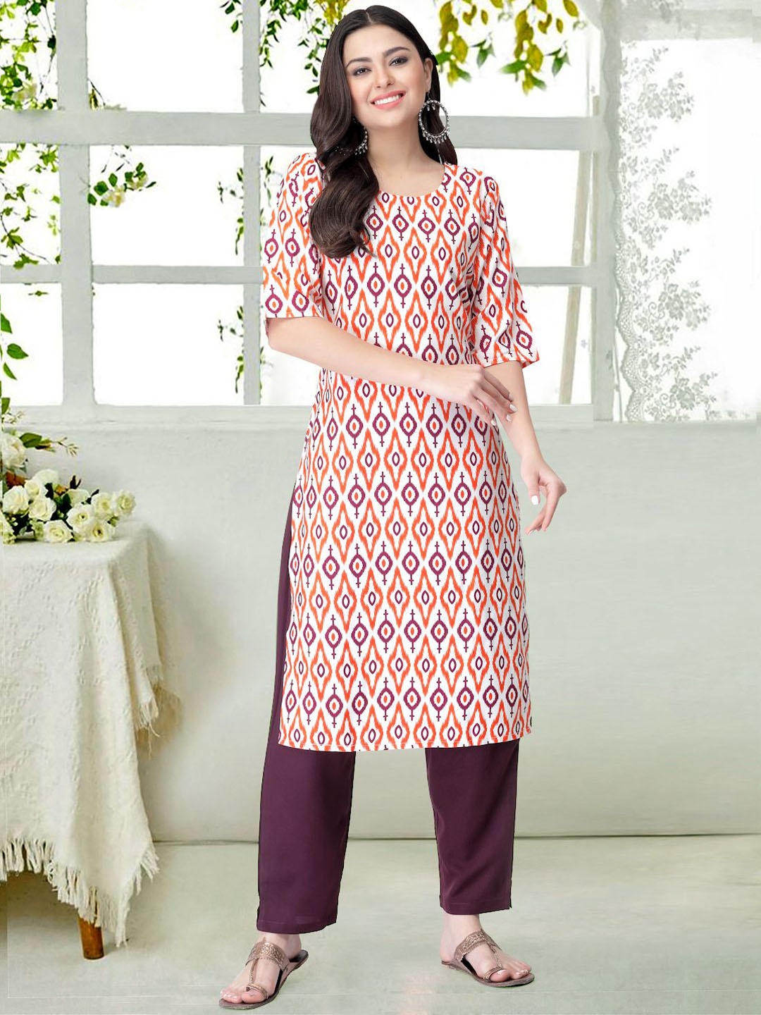 

7Threads Ethnic Motifs Printed Round Neck Straight Kurta With Trousers, White