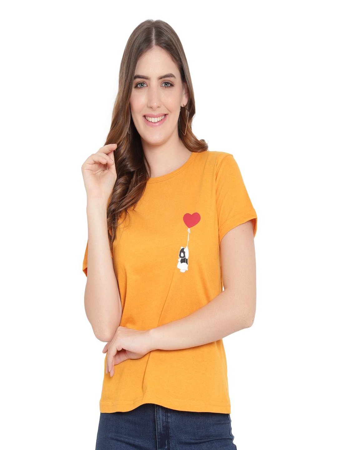 

DEEPMAYRA COLLECTION Women Graphic Printed Round Neck Cotton T-shirt, Mustard