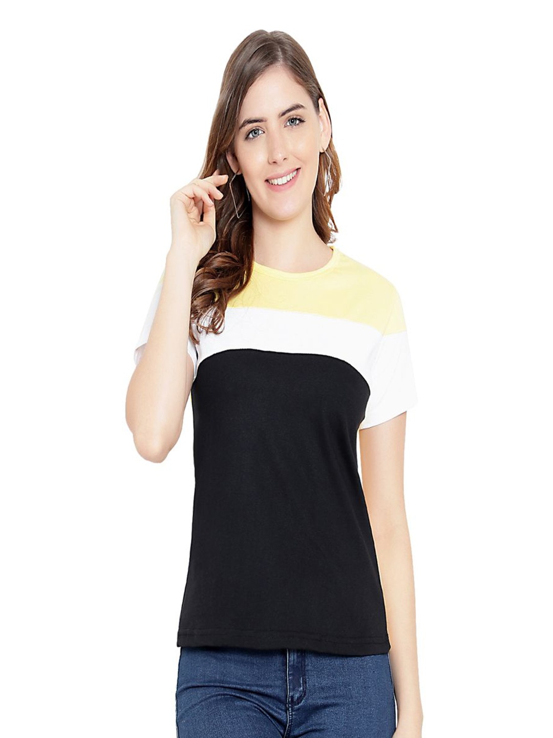 

DEEPMAYRA COLLECTION Women Colourblocked Round Neck Cotton T-shirt, Yellow