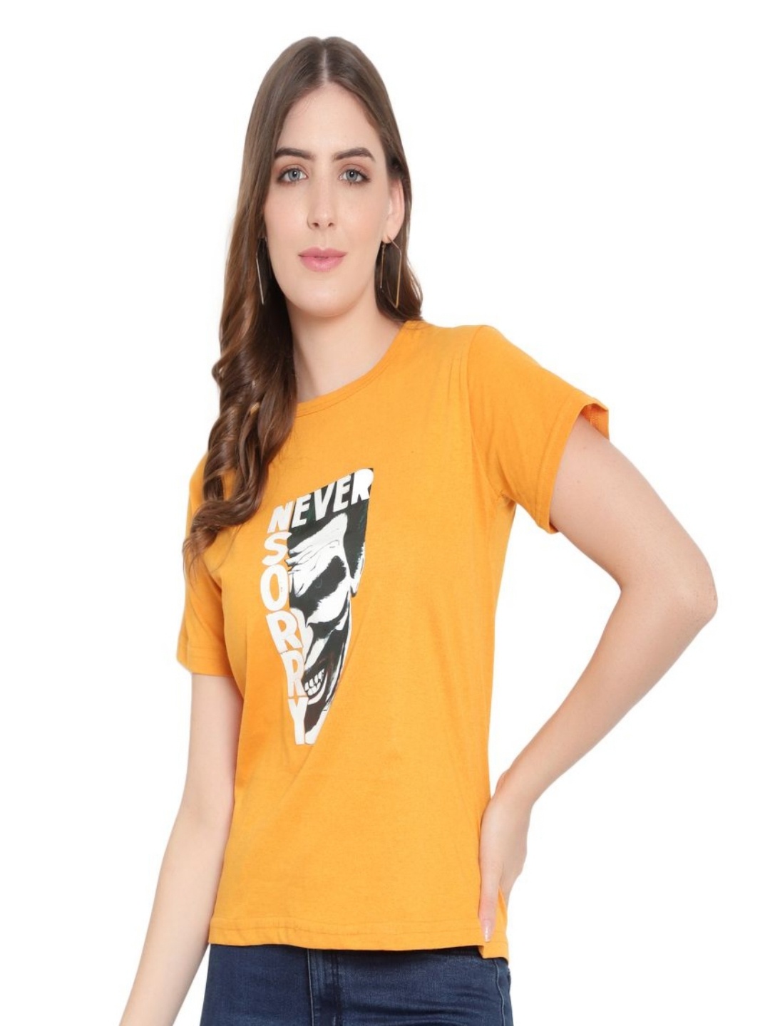 

DEEPMAYRA COLLECTION Women Graphic Printed Round Neck Cotton T-shirt, Mustard