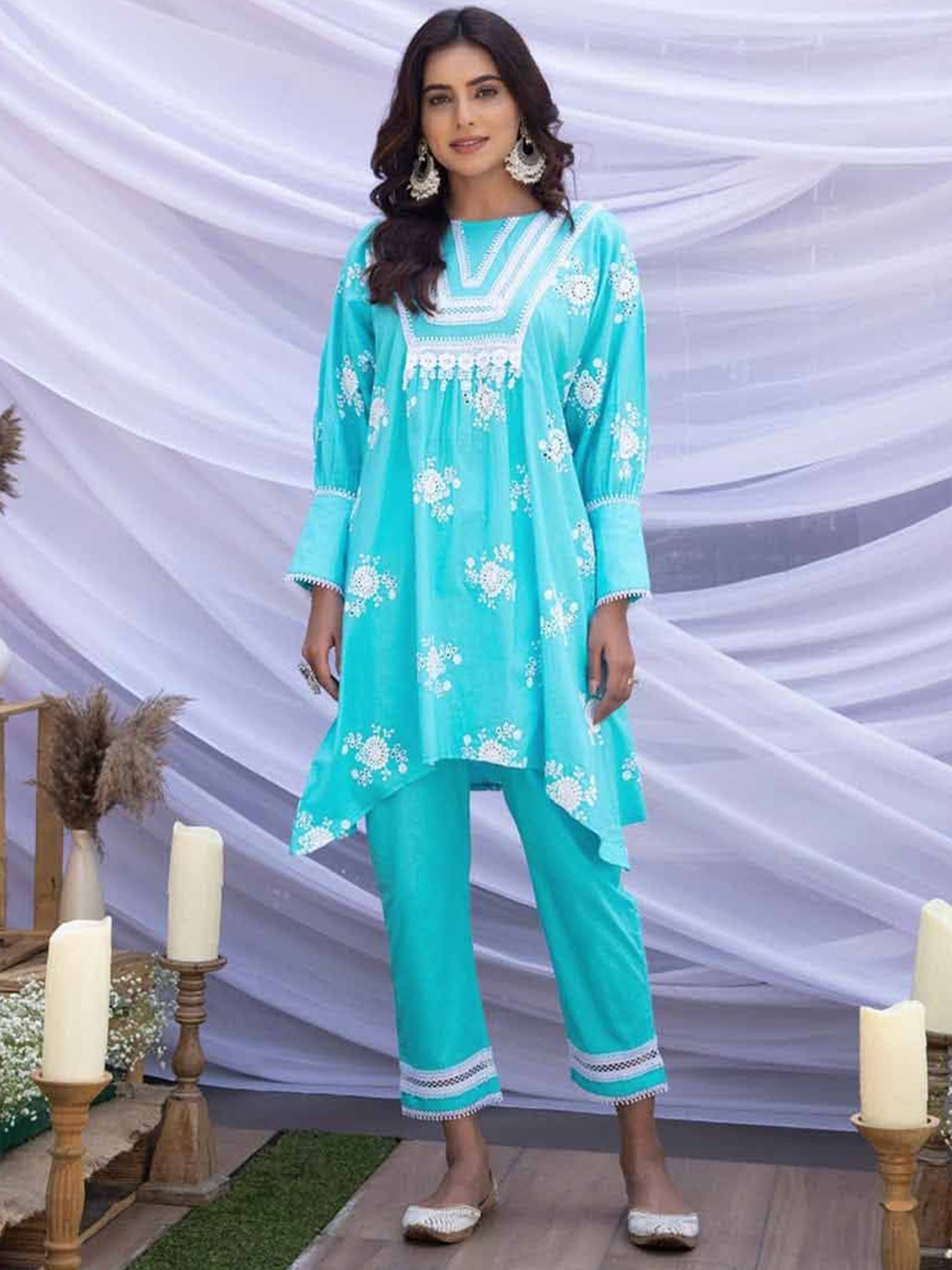 

SEW Floral Thread Work Boat Neck Pure Cotton Anarkali Kurta With Trouser And Dupatta, Teal