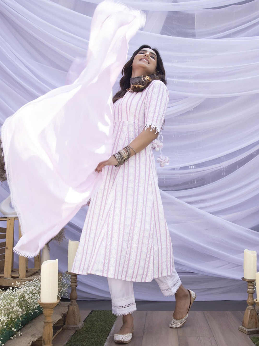 

SEW Ethnic Motifs Chikankari Pure Cotton Sweetheart Neck Kurta With Trouser & Dupatta, Pink