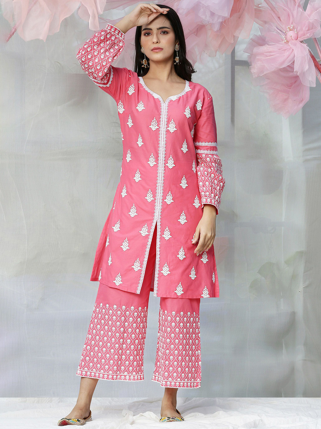 

SEW Floral Embroidered Pure Cotton Notch-Neck Kurta With Palazzo, Pink