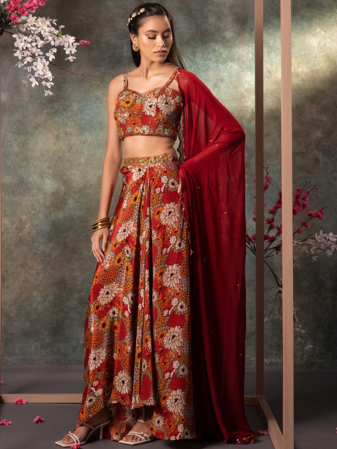 

Mehak Murpana Women Printed Shoulder Straps Top With Skirt & Dupatta, Orange