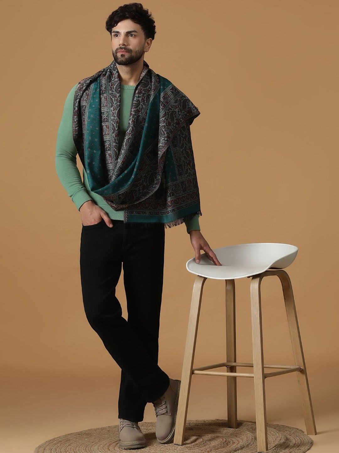 

SHINGORA Ethnic Motifs Woven Design Shawl, Green