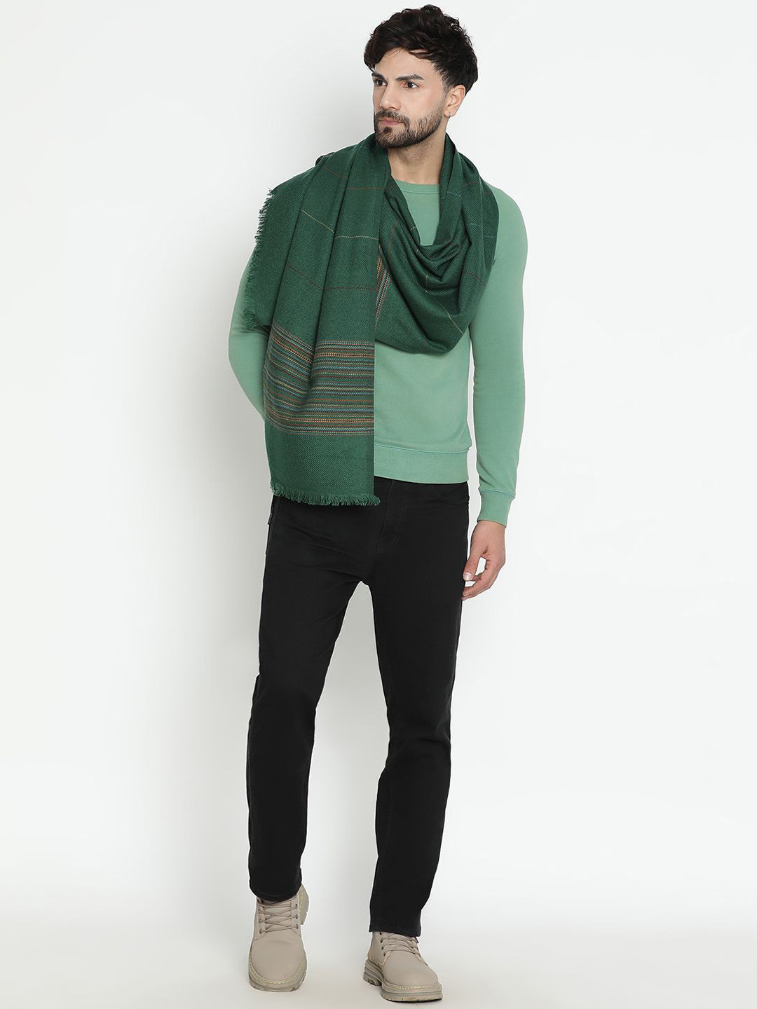 

SHINGORA Men Striped Woven Design Shawl, Green