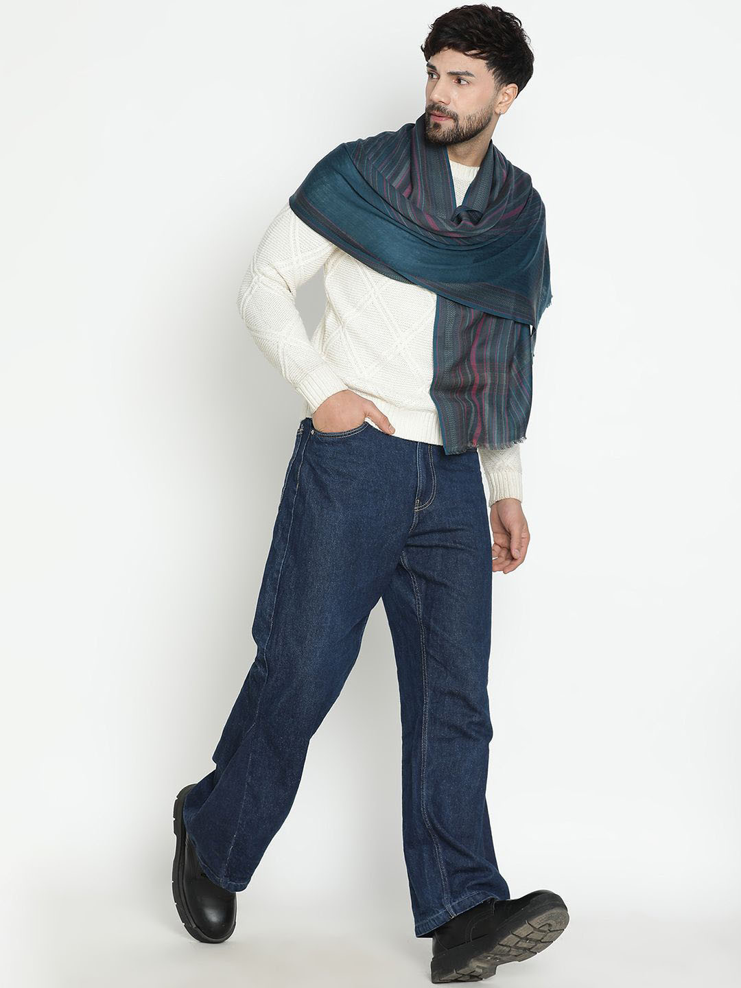 

SHINGORA Men Striped Woven Design Woolen Shawl, Teal