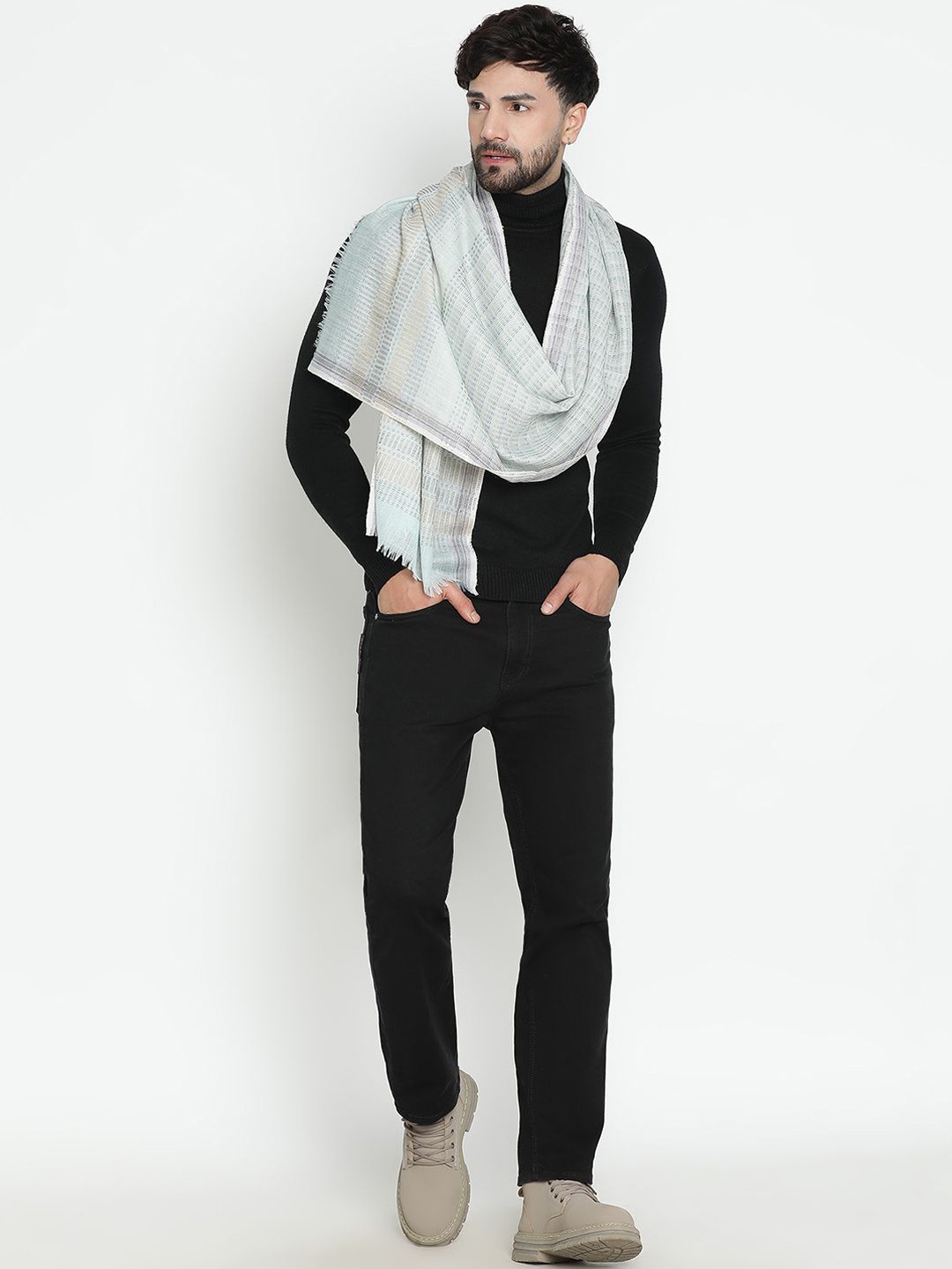 

SHINGORA Men Striped Woven Design Woolen Shawl, White
