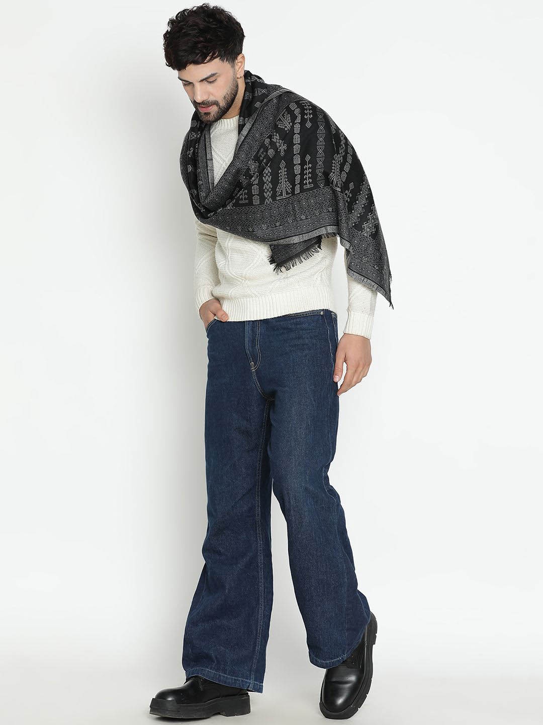 

SHINGORA Men Ethnic Motifs Woven Design Woolen Shawl, Black