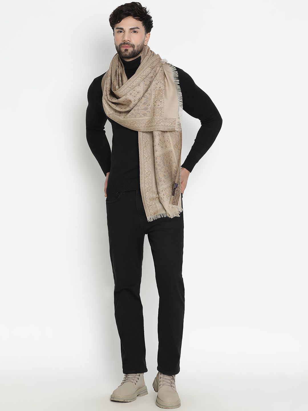 

SHINGORA Men Floral Woven Design Shawl, Beige