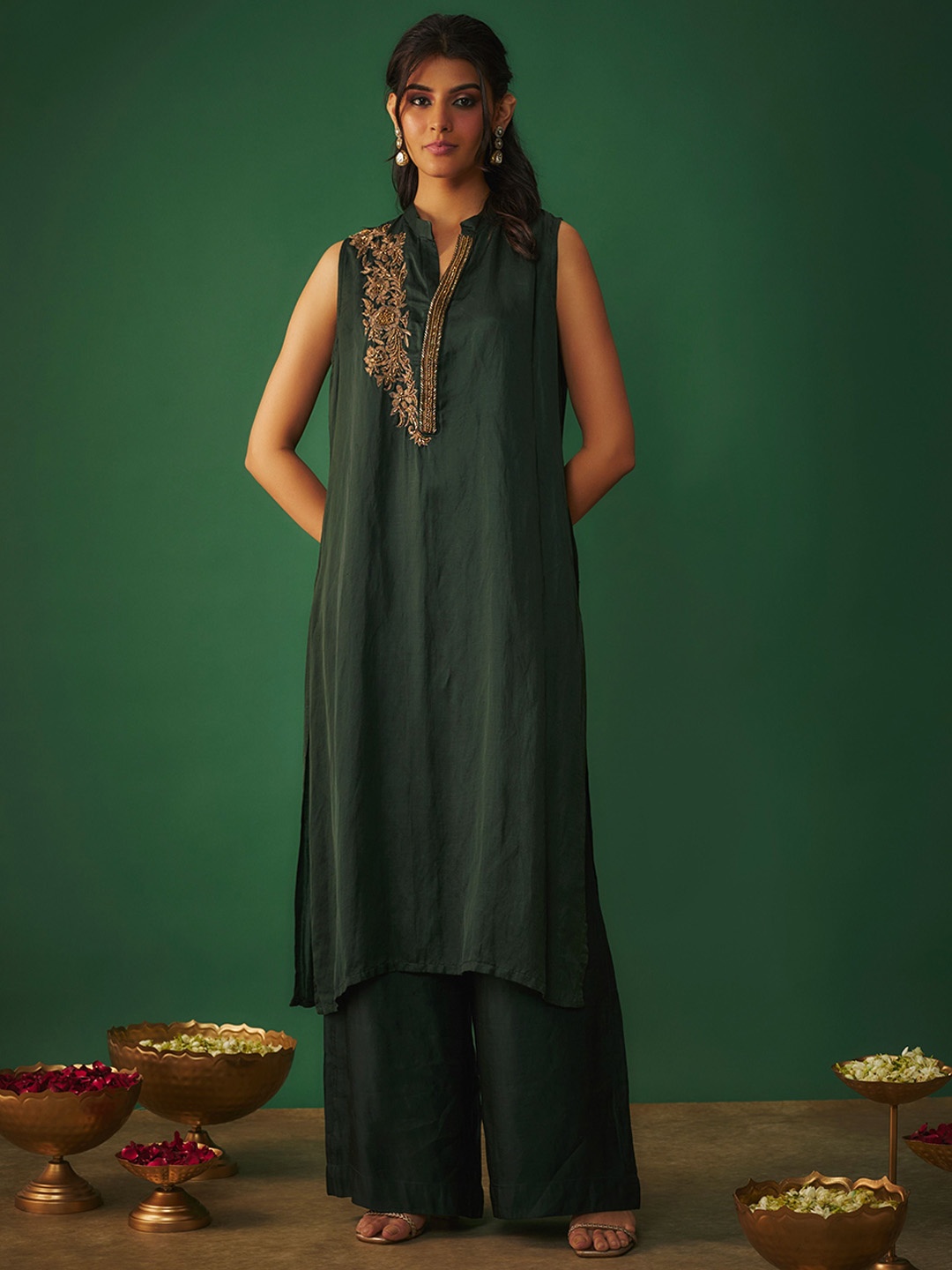 

Mehak Murpana Floral Beads And Stones Mandarin Collar Kurta With Palazzo, Green