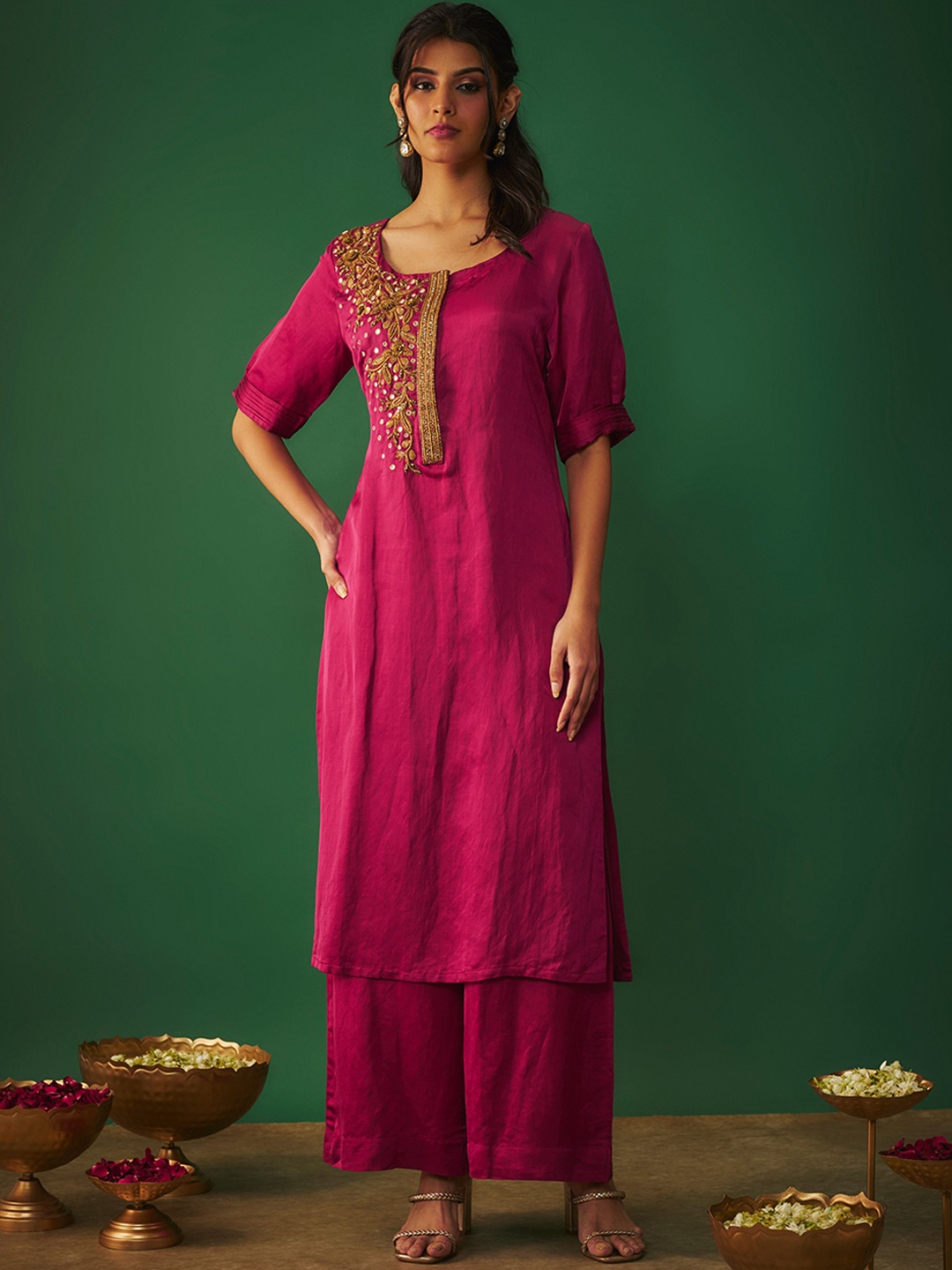 

Mehak Murpana Round Neck Beads & Stones Satin Straight Kurta With Palazzos, Pink