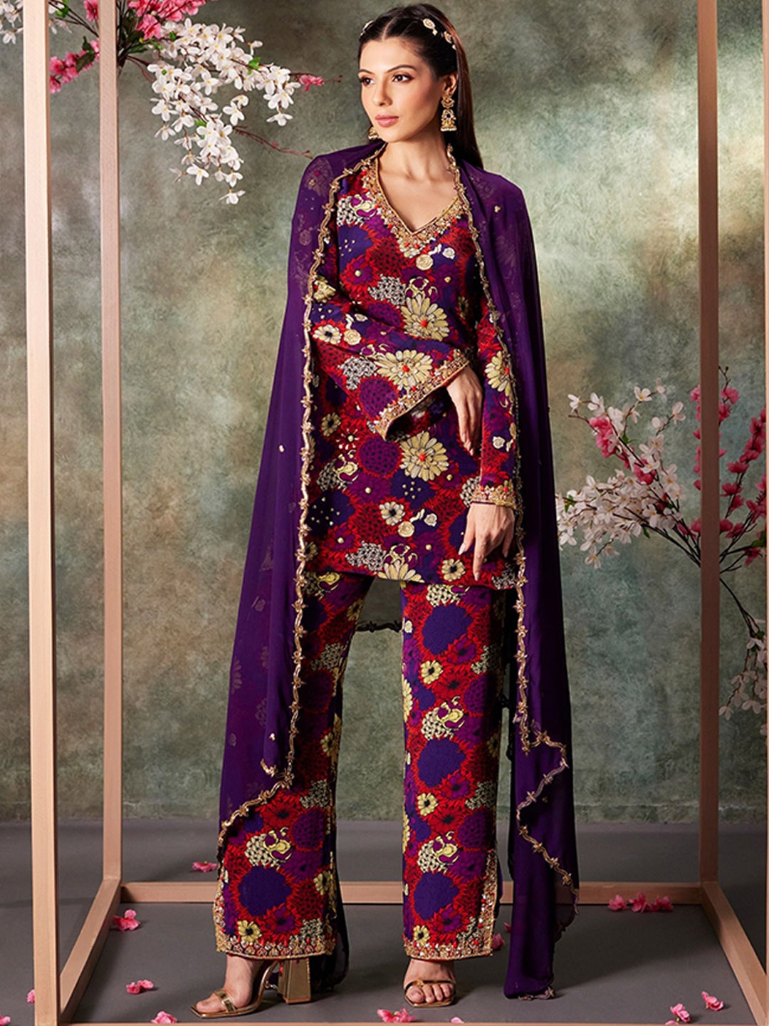 

Mehak Murpana Floral Printed Beads And Stones V-Neck Kurti With Palazzo & Dupatta, Purple