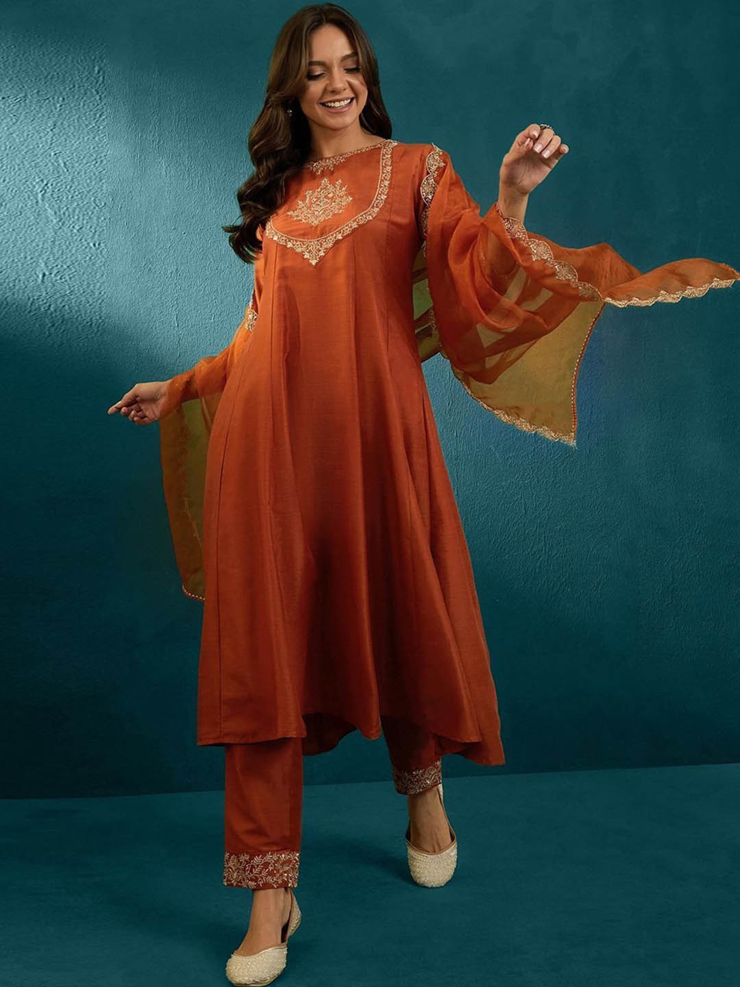 

Fashion Ritmo Panelled Floral Embroidered A-Line Kurta With Trousers And Dupatta, Orange