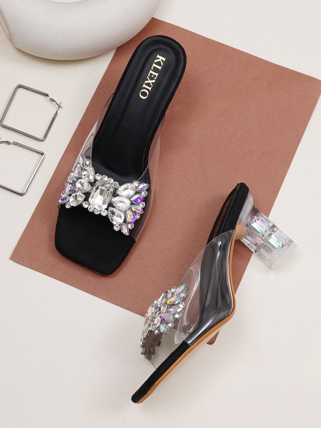 

KLEXIO Embellished Block Heel Sandals, Black