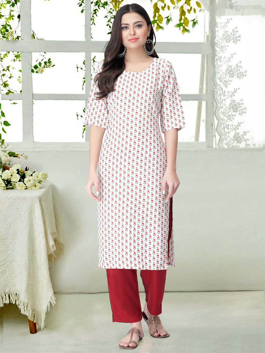 

7Threads Women Floral Printed Regular Kurta with Trousers, White