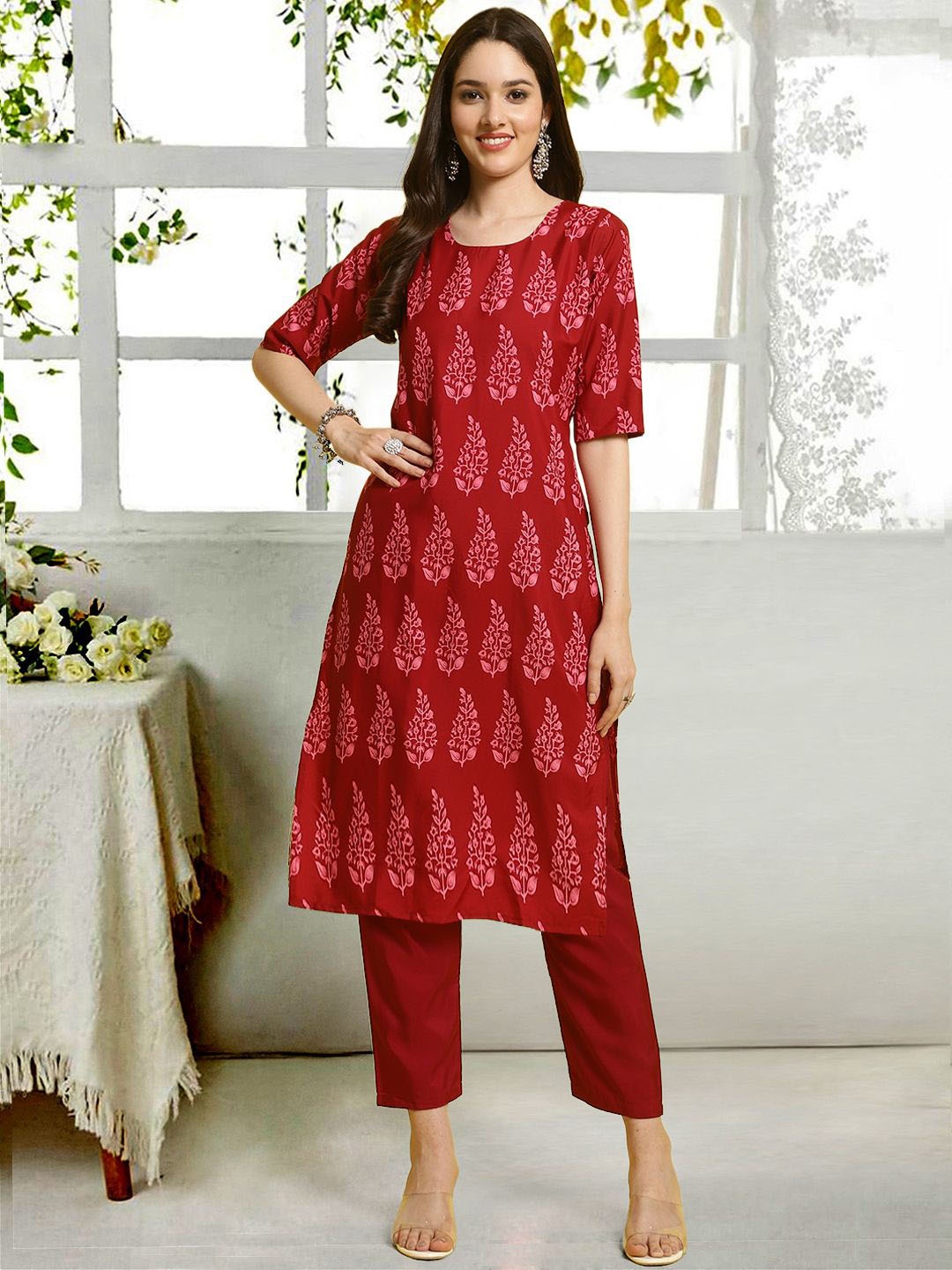

7Threads Women Ethnic Motifs Printed Regular Kurta with Trousers, Pink