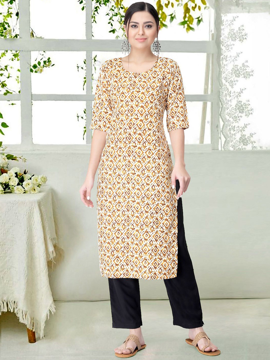 

7Threads Women Ethnic Motifs Printed Regular Kurta with Trousers, Beige