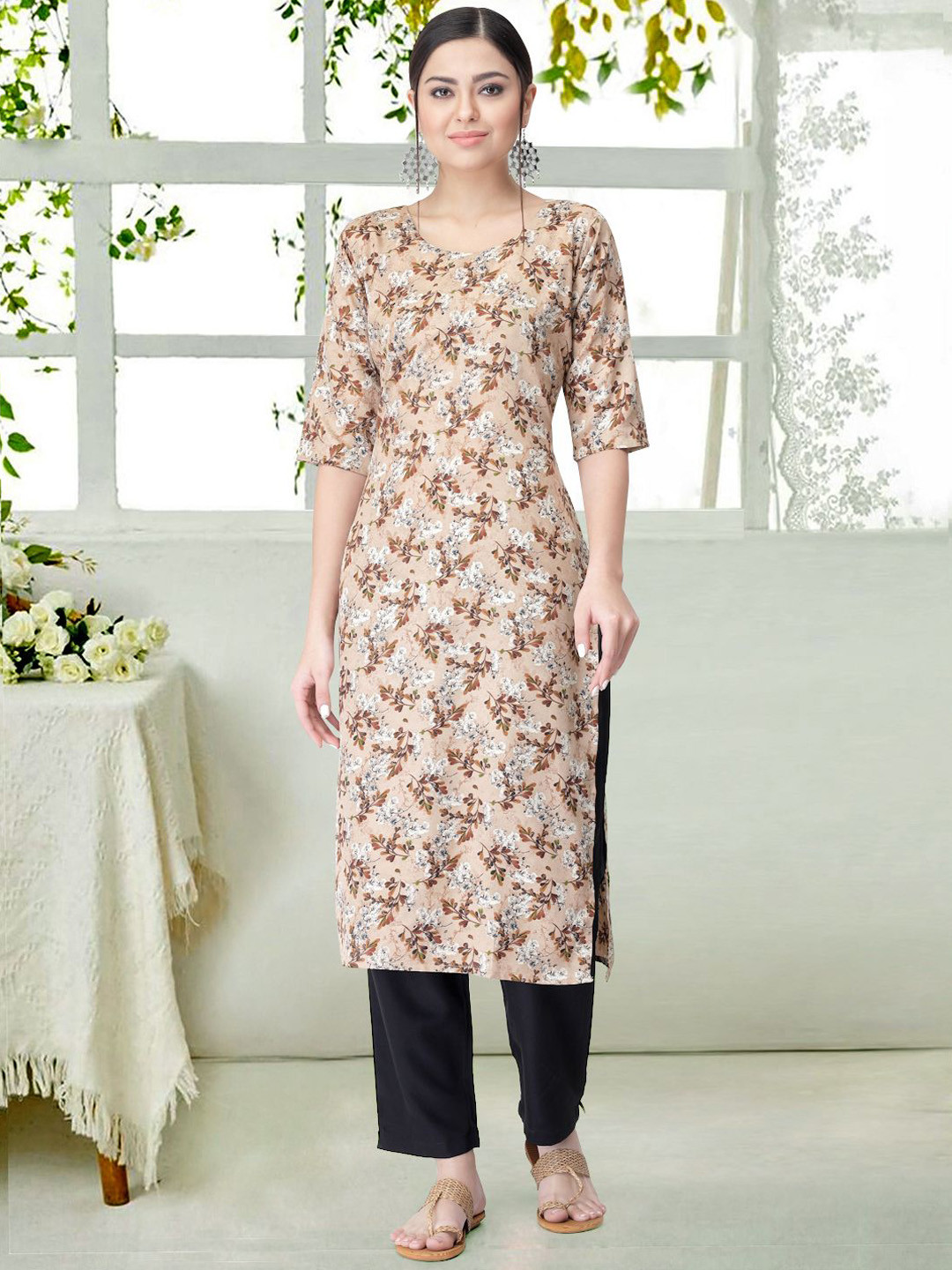 

7Threads Women Ethnic Motifs Printed Regular Kurta with Trousers, Beige
