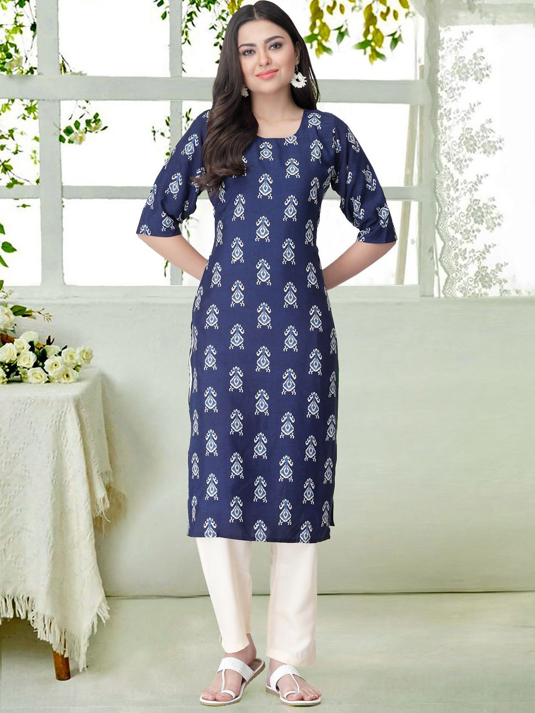 

7Threads Women Ethnic Motifs Printed Regular Kurta with Trousers, Blue