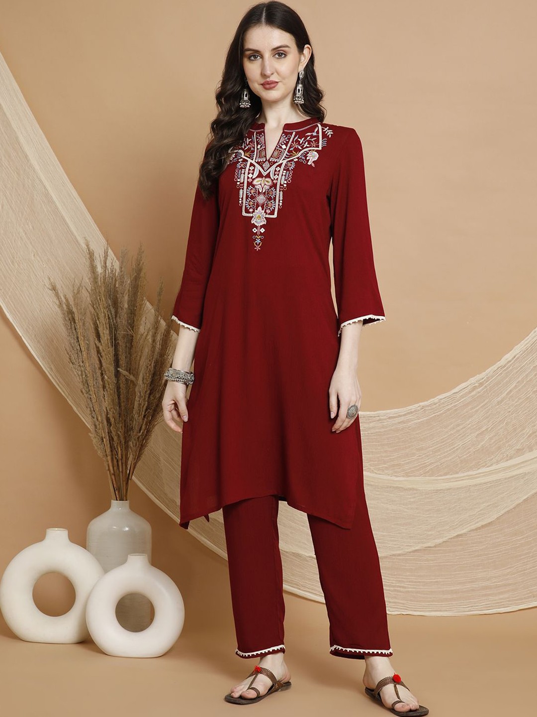 

Nayam By Lakshita Women Floral Embroidered Regular Mirror Work Kurta with Trousers, Maroon