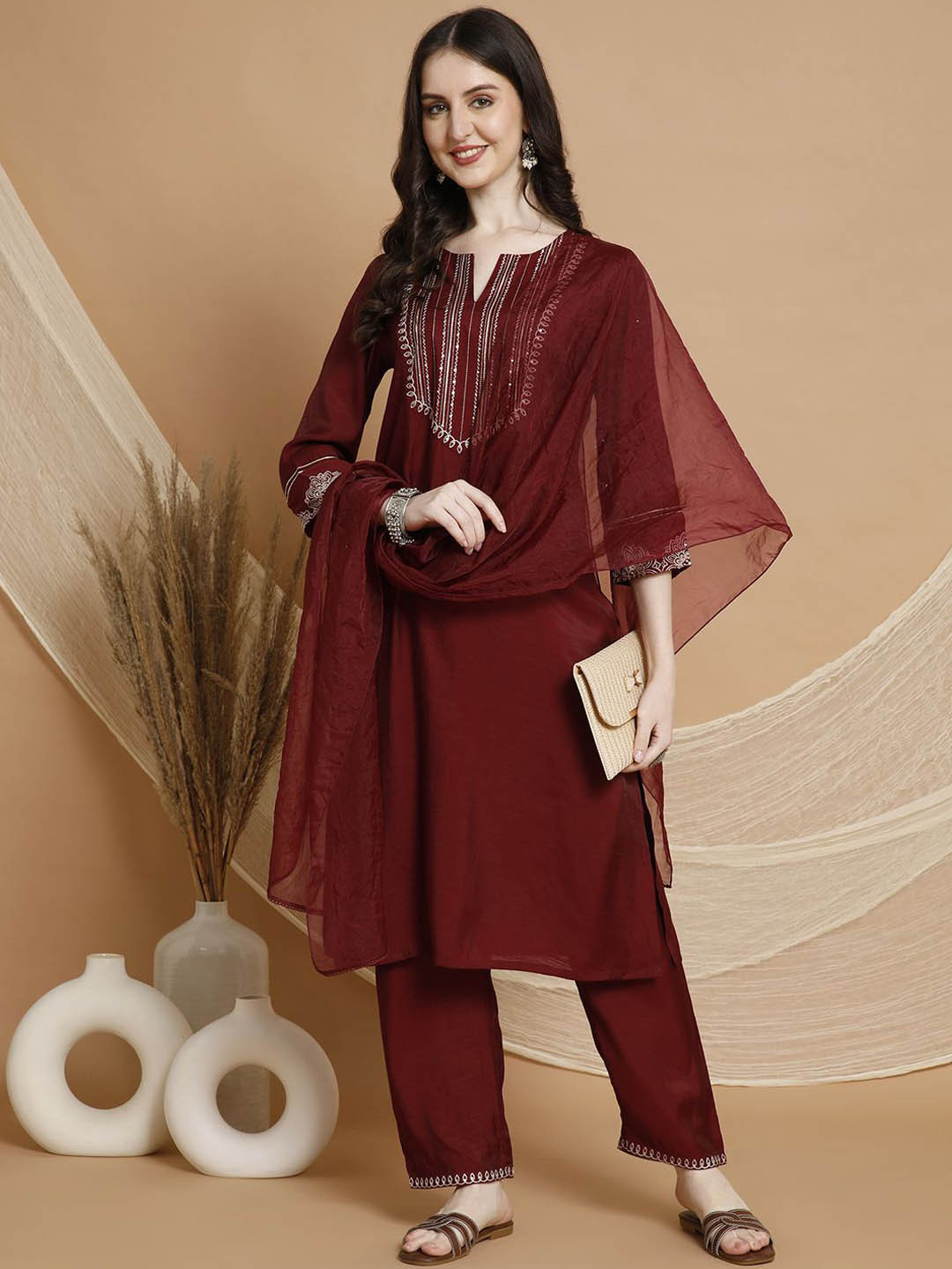

Nayam By Lakshita Women Embroidered Regular Sequinned Kurta with Trousers & With Dupatta, Maroon
